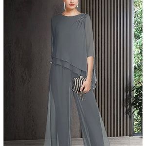 Pantsuit - Elegant floor length chiffon - grey/plum